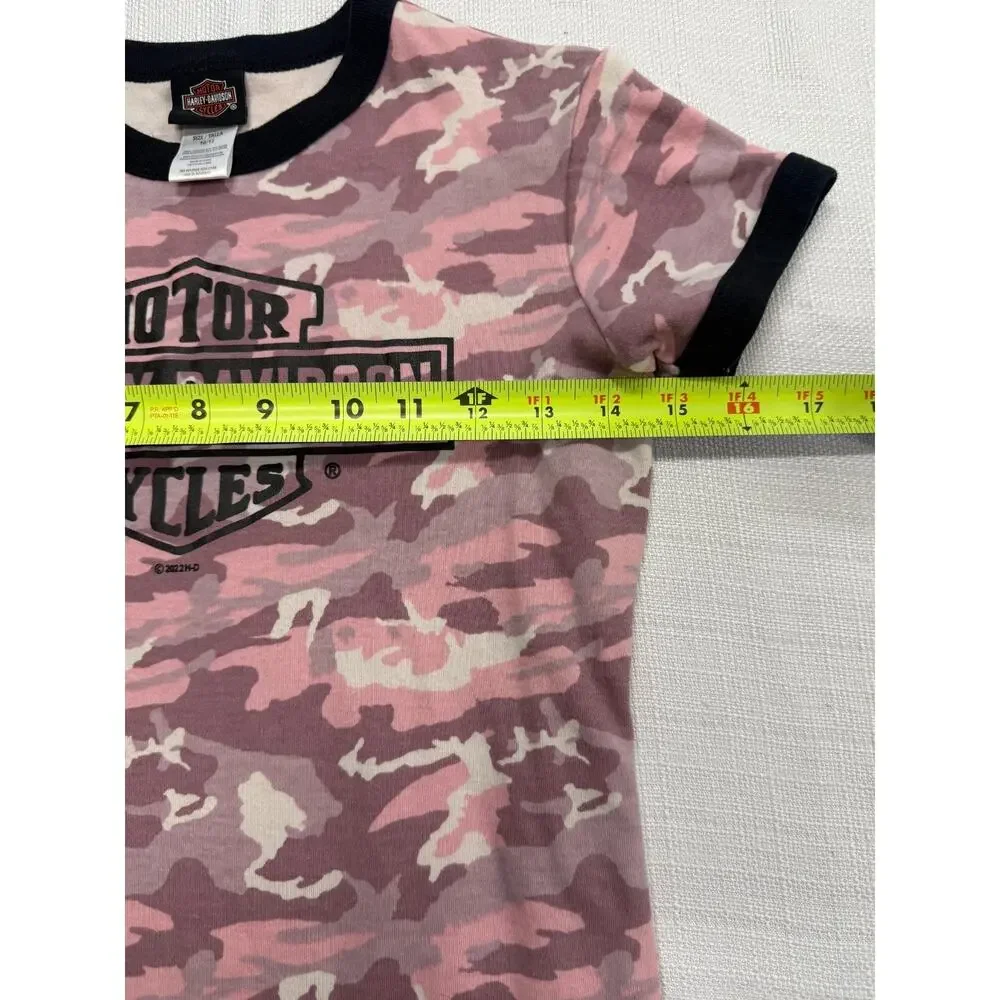 Harley-Davidson Youth Girls Pink Camo Logo T-Shirt Size 10/12 Short Sleeve